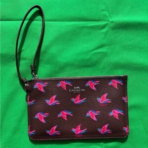 Coach Burgundy Oxblood Pink & Blue Happy Bird Print Wristlet